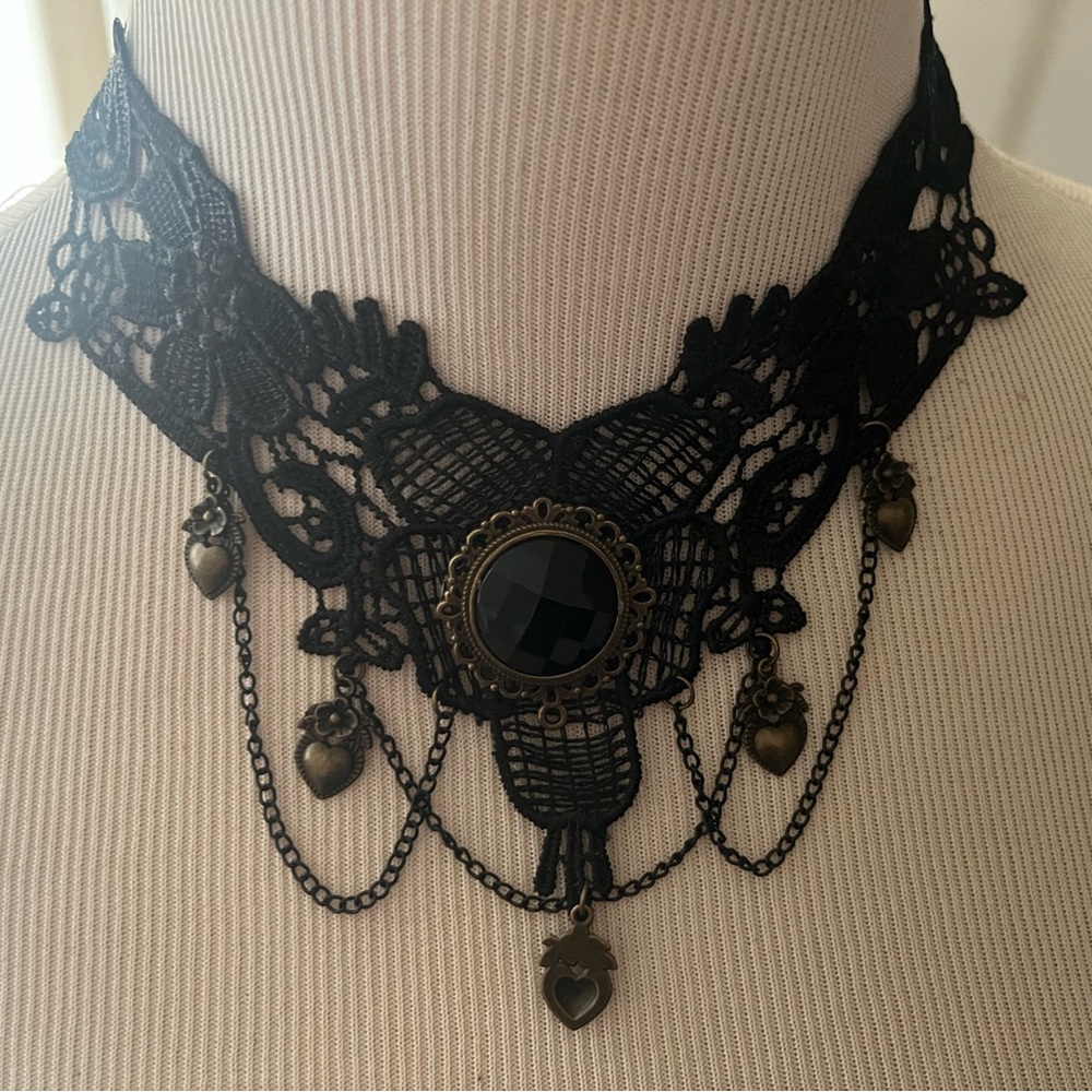 Gothic Black Lace Choker Necklace with Medallion
